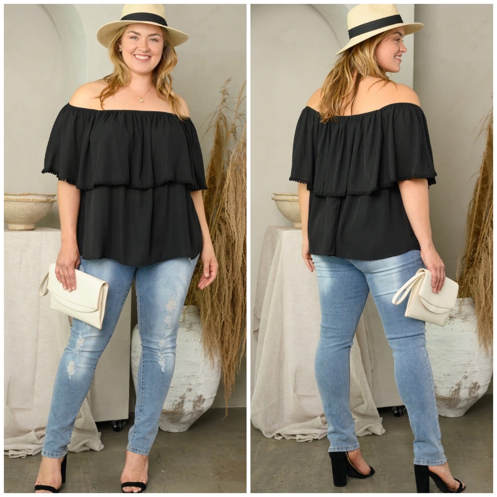LAST ONE❗️PEACH LOVE CALIFORNIA Plus Size Black Off Shoulder Flounce Top - Picture 5 of 6